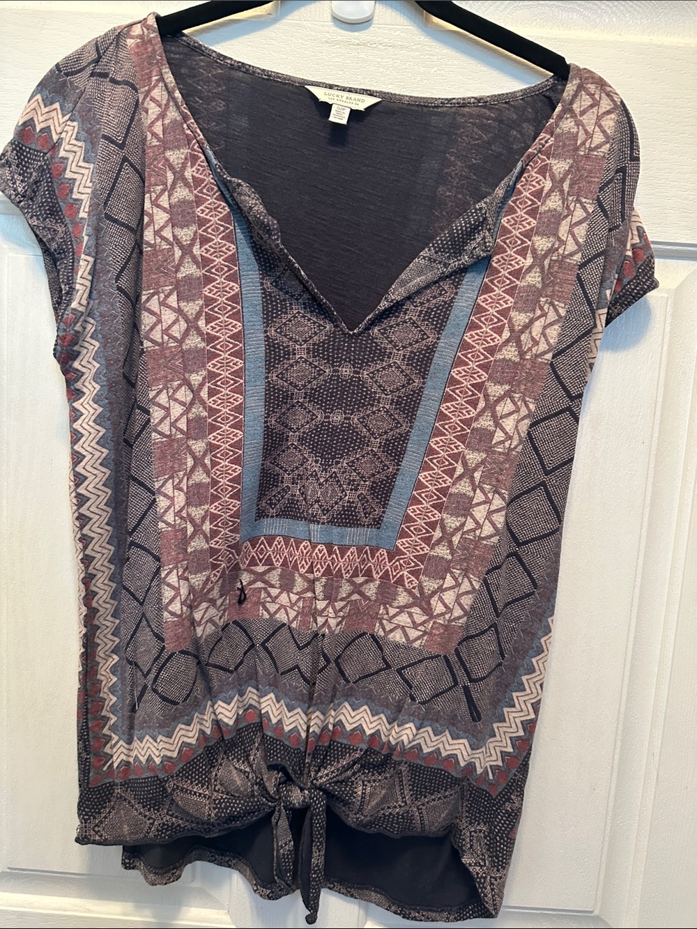 Lucky Brand Mauve and Blue Printed Tie-Front Boho Blouse Size Small
